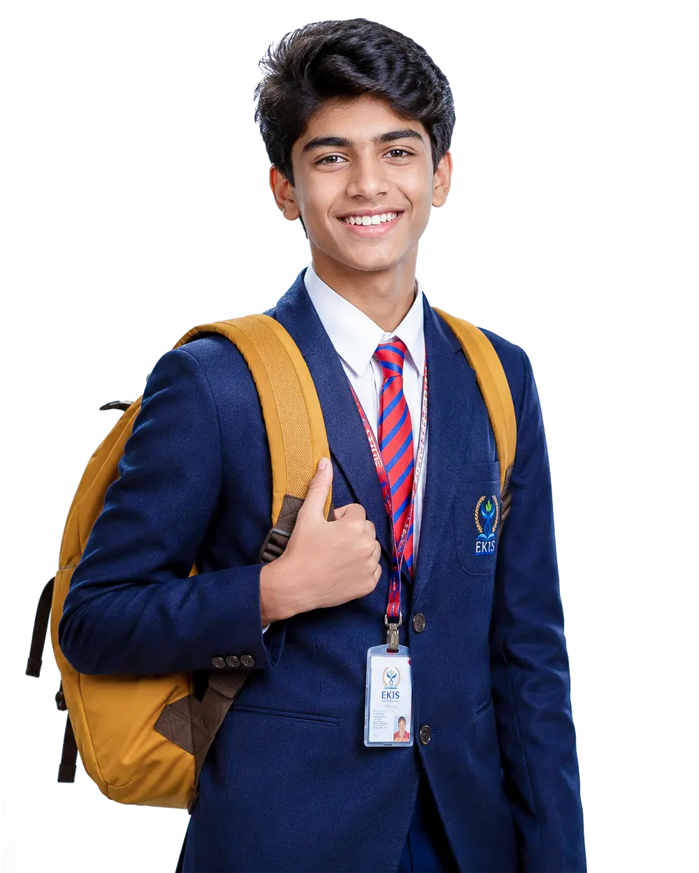 A senior student in EKIS uniform with a backpack
