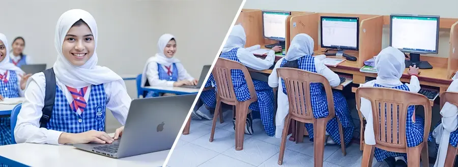 EKIS students working on laptops in class, and at desktop computers in the school computer lab