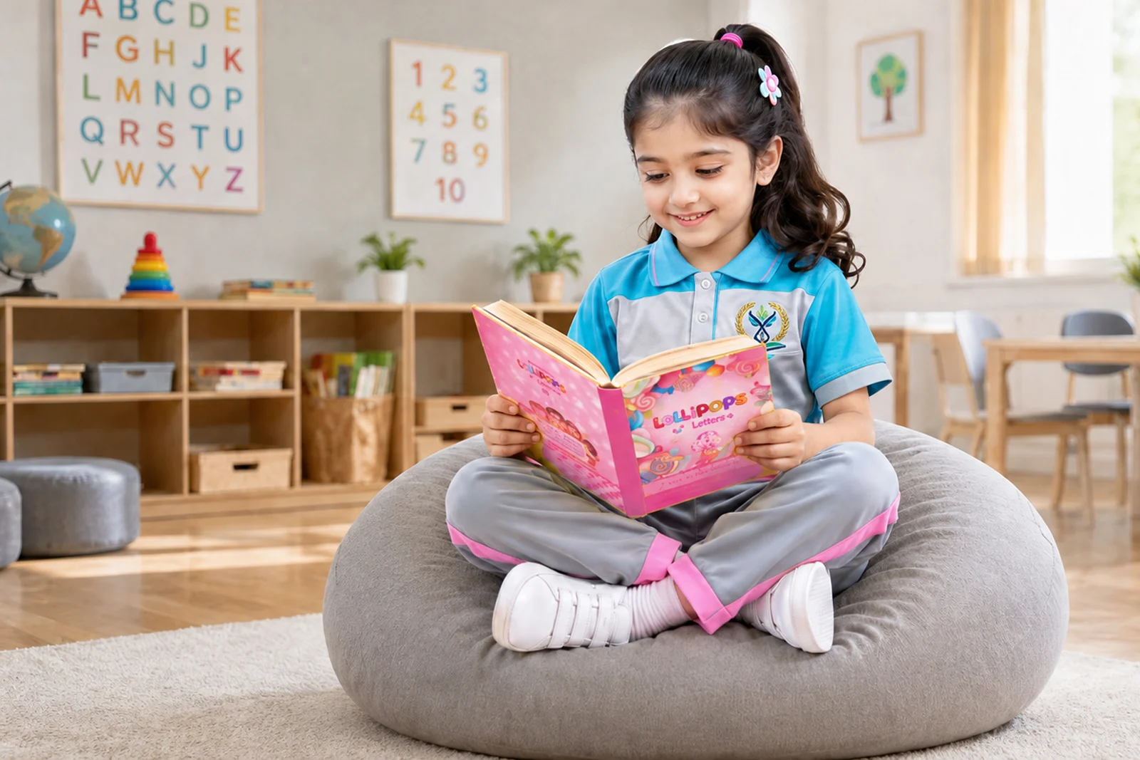 A young child in EKIS uniform reading a picture book on a floor cushion