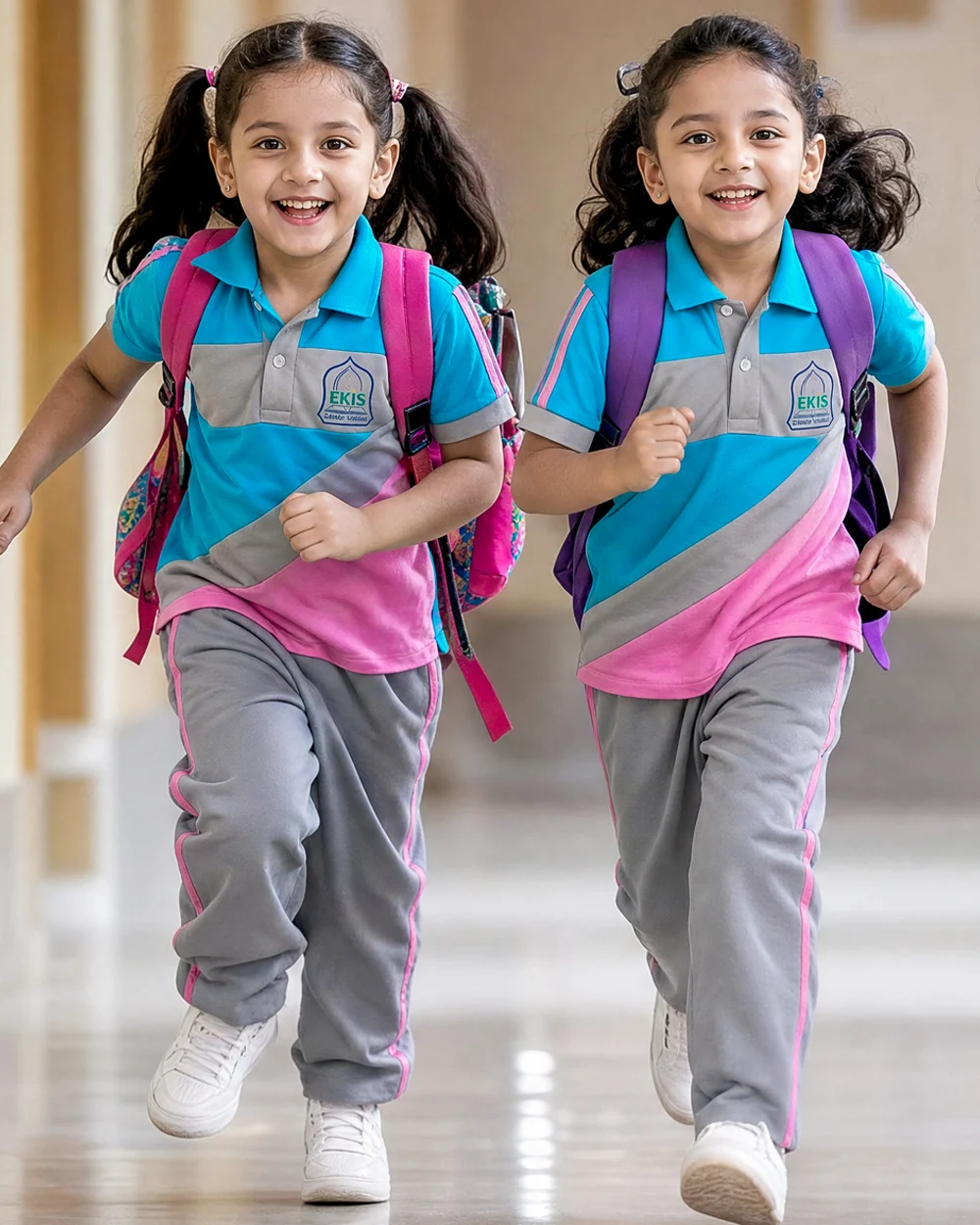Two young children in EKIS uniform running along a school corridor