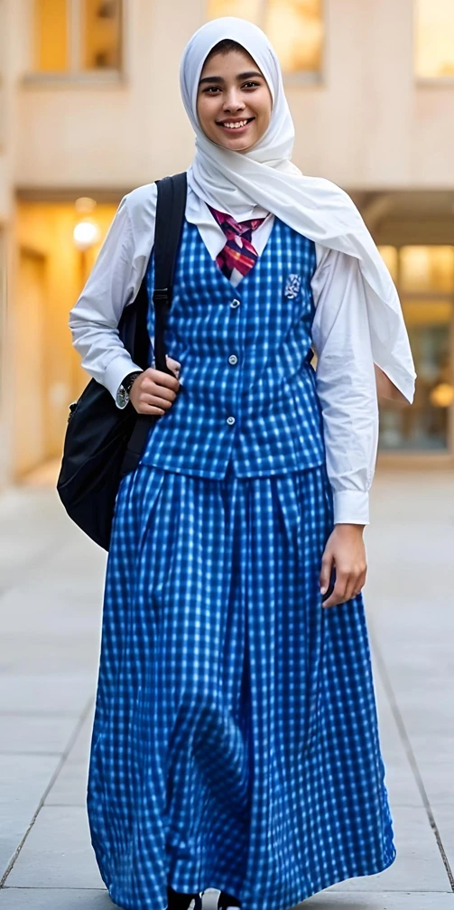 A senior student in EKIS uniform with a backpack, walking across the campus
