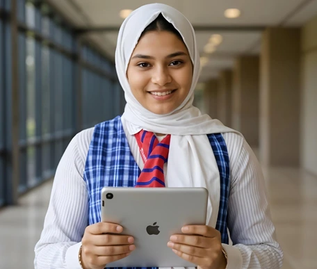 A senior student in EKIS uniform holding a tablet in a school corridor